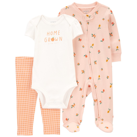 CARTER'S Set 3dílný overal, body kr. rukáv, legíny Pink Fruit/Floral holka 3m/vel. 62