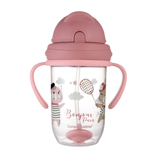 CANPOL BABIES Hrneček nevylévací se slámkou a závažím 270 ml Bonjour Paris růžový, 6m+