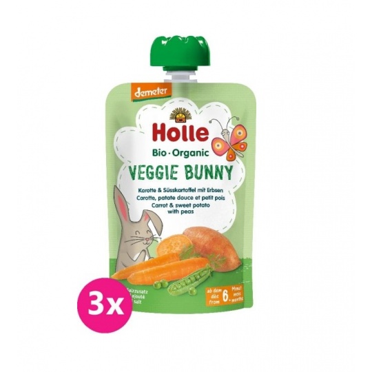 3x HOLLE Veggie Bunny Bio pyré mrkev, batáty a hrášek, 100 g (6 m+)