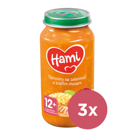 3x HAMI Příkrm masozeleninový Těstoviny se zeleninou a krůtím masem 250g, 12+