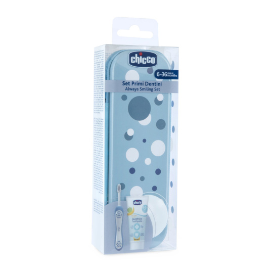 CHICCO Set zubní kartáček a pasta v pouzdře Always smiling - light blue, 6m+