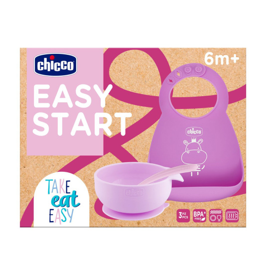 CHICCO Set jídelní silikonový - pink, 6m+