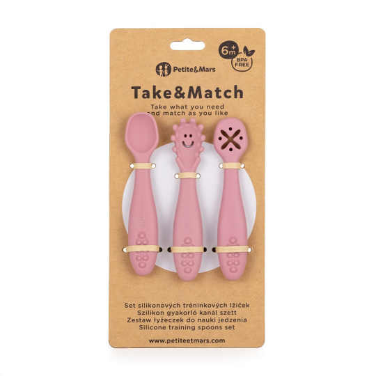 PETITE&MARS Set 3 ks silikonových tréninkových lžiček Take&Match Dusty Rose 6m+