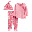 CARTER'S Set 3dílný polodupačky, tričko dl. rukáv zavinovací, čepice Pink Flower dívka LBB PRE, vel.