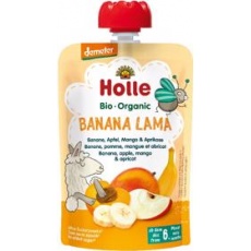 HOLLE Banana lama Bio ovocné pyré banán, jablko, mango, meruňka, 100 g (6 m+)