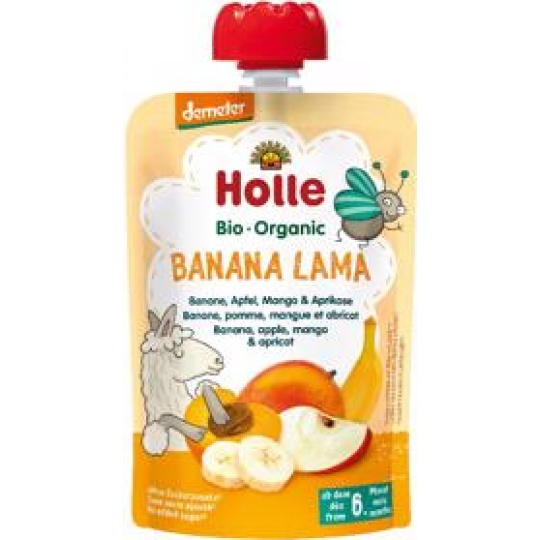 HOLLE Banana lama Bio ovocné pyré banán, jablko, mango, meruňka, 100 g (6 m+)