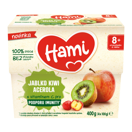 HAMI Příkrm ovocný 100% ovoce jablko kiwi acerola 400g, 8+